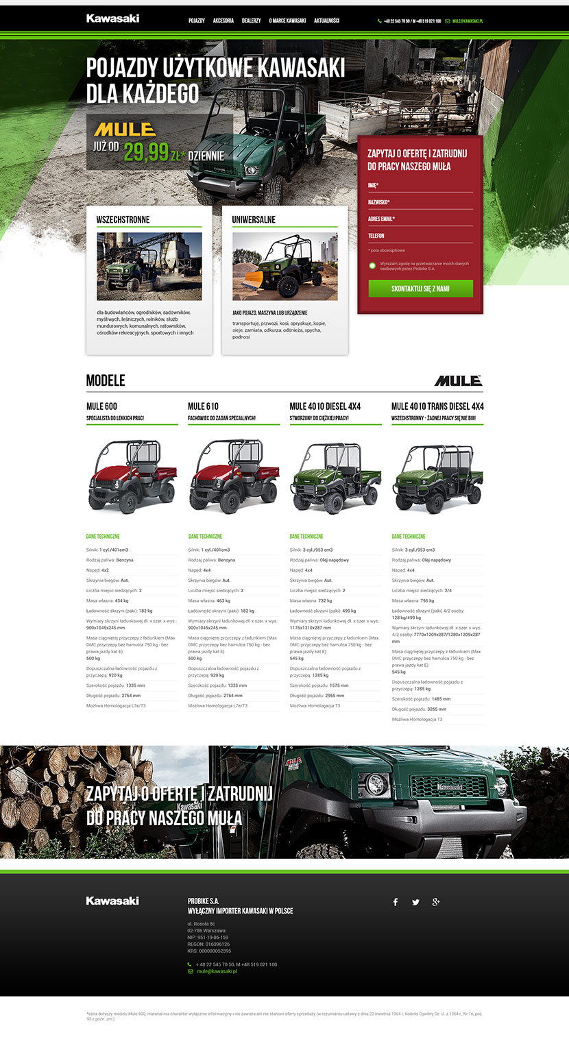 Kawasaki MULE - strona docelowa kampanii