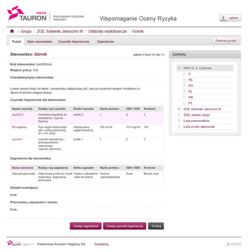 TAURON Wydobycie - Application supporting risk assessment